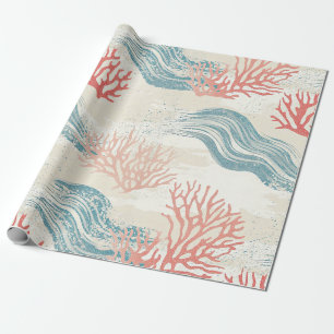 Papier Cadeau Branches botaniques de corail texturé en bleu côti