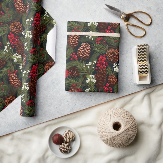 Papier Cadeau Branches Classic Pine Cônes Berries Xmas Motif (Artisanat)