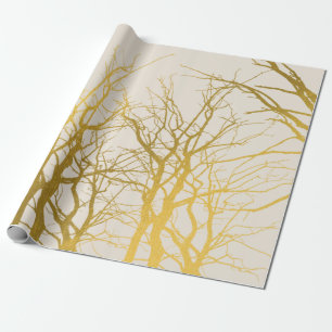 Papier Cadeau Branches d'arbre dorées sur fond beige