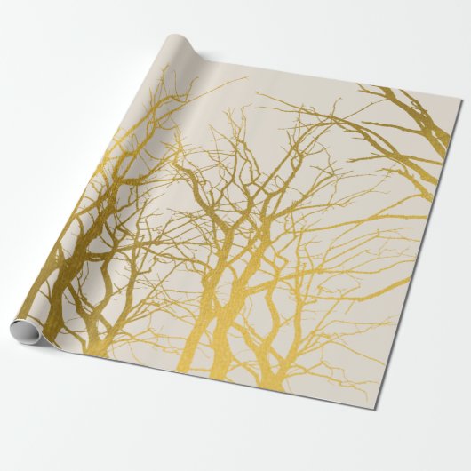 Papier Cadeau Branches d'arbre dorées sur fond beige (Déroulé)