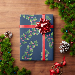 Papier Cadeau Branches de baies bleues, rouges et vertes