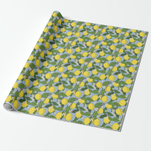 Papier Cadeau Branches de citron : Illustration Vintage bleue