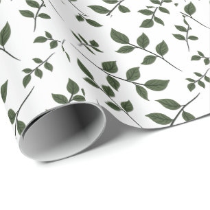 Papier Cadeau Branches de feuillage avec Feuilles verts en blanc