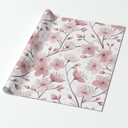 Papier Cadeau Branches de fleurs roses romantiques et floraison (Déroulé)