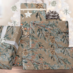 Papier Cadeau Branches de genévriers bleus Kraft rustique Cones