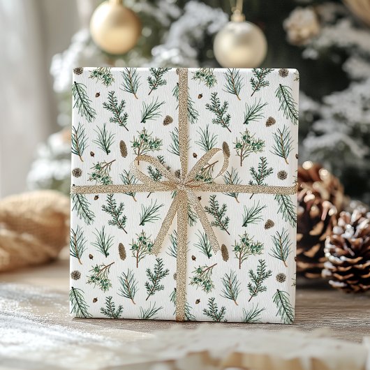 Papier Cadeau Branches de pin à feuillage persistant et Noël de