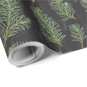 Papier Cadeau Branches de pin aquarelle sur arrière - plan noir. (Coin rond)