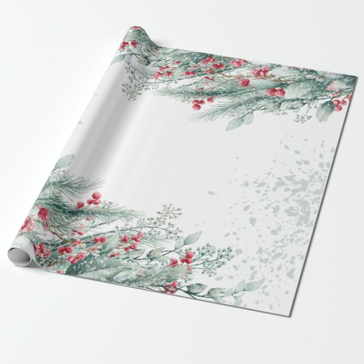 Papier Cadeau Branches de pin Baies Fêtes (Déroulé)