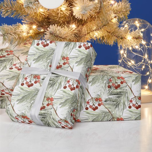 Papier Cadeau Branches de pin de Noël et baies rouges (Vacances)