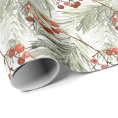 Papier Cadeau Branches de pin de Noël et baies rouges (Coin rond)