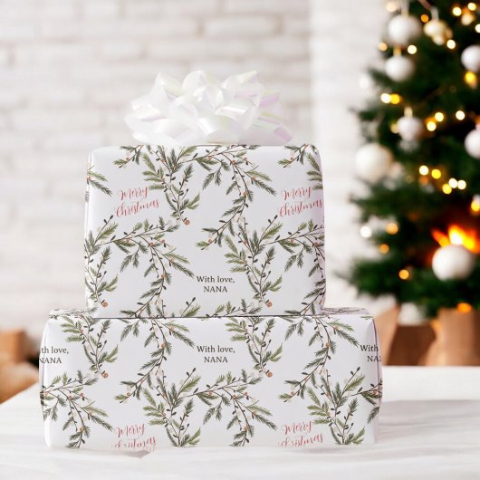 Papier Cadeau Branches de pin rustique Fêtes Joyeux Noël