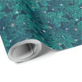 Papier Cadeau Branches de pin sarcelle avec flocons de neige bla (Coin rond)