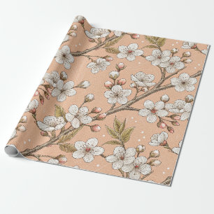 Papier Cadeau Branches de Sakura pêche Botanique florale blanche
