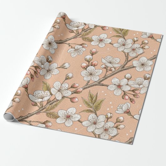 Papier Cadeau Branches de Sakura pêche Botanique florale blanche (Déroulé)