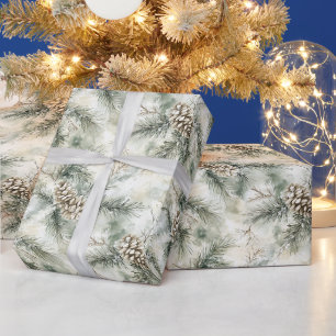 Papier Cadeau Branches de sapin de Noël vertes Cônes de pin