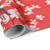 Papier Cadeau Branches en fleurs de cerisier rose sur rouge (Coin rond)