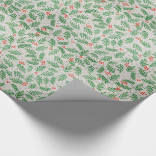 Papier Cadeau Branches et baies de pins rouges verts NOËL