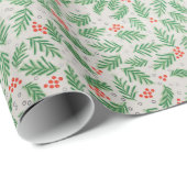 Papier Cadeau Branches et baies de pins rouges verts NOËL (Coin rond)