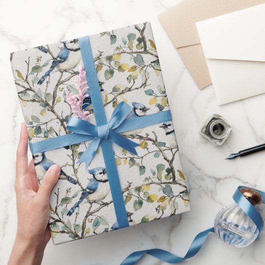 Papier Cadeau Branches et fleurs d'oiseaux Blue Jays (Cadeaux)