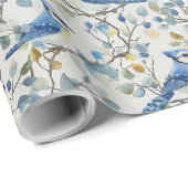 Papier Cadeau Branches et fleurs d'oiseaux Blue Jays (Coin rond)