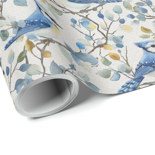 Papier Cadeau Branches et fleurs d'oiseaux Blue Jays (Coin rond)