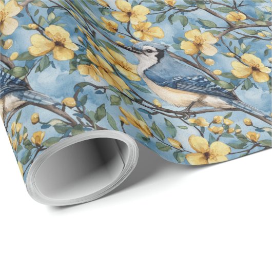 Papier Cadeau Branches et fleurs d'oiseaux Blue Jays (Coin rond)