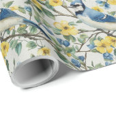 Papier Cadeau Branches et fleurs d'oiseaux Blue Jays (Coin rond)