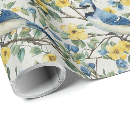 Papier Cadeau Branches et fleurs d'oiseaux Blue Jays (Coin rond)