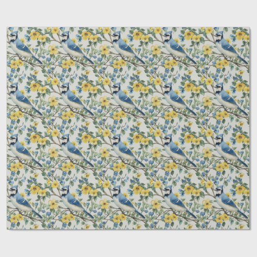 Papier Cadeau Branches et fleurs d'oiseaux Blue Jays (Plat)