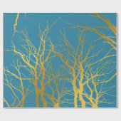 Papier Cadeau Branches Gold Tree Motif Arrière - plan bleu (Plat)