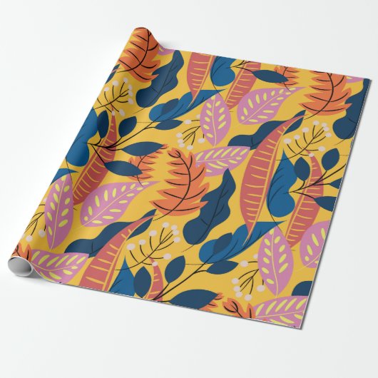 Papier Cadeau Bright colorful pattern with tropical leaves, ber (Déroulé)