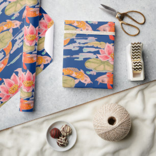Papier Cadeau Bright Orange Koi Poisson rose Fleur Bleu foncé 