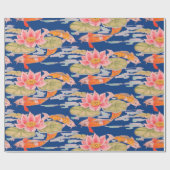Papier Cadeau Bright Orange Koi Poisson rose Fleur Bleu foncé  (Plat)
