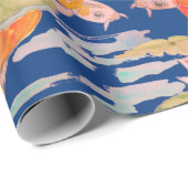Papier Cadeau Bright Orange Koi Poisson rose Fleur Bleu foncé  (Coin rond)
