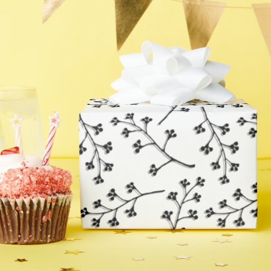 Papier Cadeau brindille plante noire sur blanc (Fête d'anniversaire)