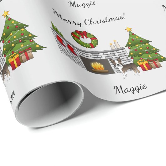 Papier Cadeau Brindle Boston Terrier Dans Une Salle De Noël Fest (Coin rond)