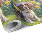 Papier Cadeau Brittany Spaniel Chien Fleurs de printemps Peintur (Coin rond)