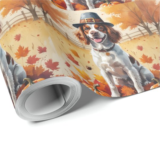 Papier Cadeau Brittany Spaniel En Automne Laisse L'Art Thanksgiv (Coin rond)