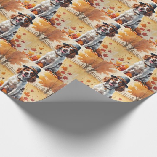 Papier Cadeau Brittany Spaniel En Automne Laisse L'Art Thanksgiv (Coin)