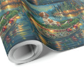 Papier Cadeau Brittany Spaniel Noël Festive Voyage (Coin rond)