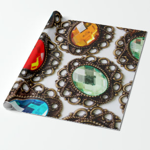 Papier Cadeau Broches vintages multicolores sur fond blanc