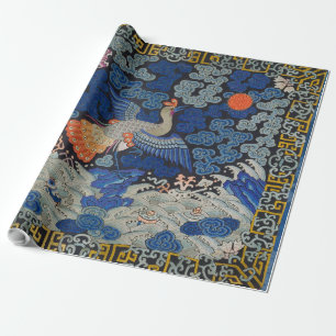 Papier Cadeau Broderie chinoise bleu d'oiseau Vintage
