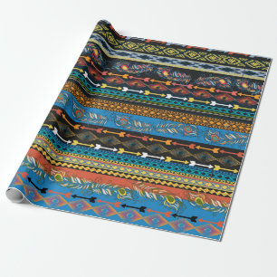 Papier Cadeau Broderie coloré simplifié plumes ethniques pat