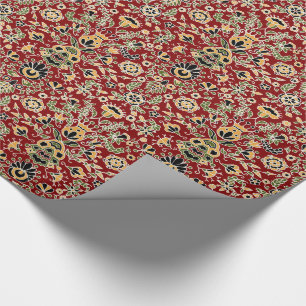 Papier Cadeau Broderie folle Jaune, Vert, Noir sur Rouge profond