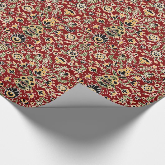 Papier Cadeau Broderie folle Jaune, Vert, Noir sur Rouge profond (Coin)