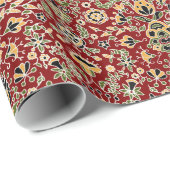 Papier Cadeau Broderie folle Jaune, Vert, Noir sur Rouge profond (Coin rond)