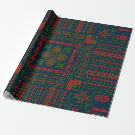 Papier Cadeau Broderie palestinienne Tatreez rouge vert 5 Motif (Déroulé)