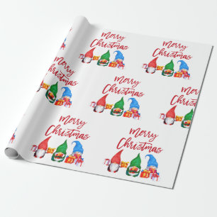 Papier Cadeau Brosse rouge Script Aquarelle de Noël Gnomes