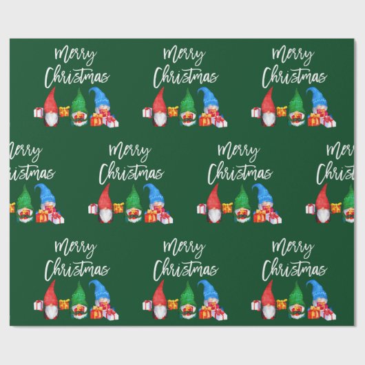 Papier Cadeau Brosse Script Noël Aquarelle Gnomes Vert (Plat)