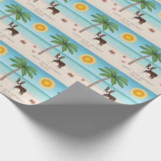 Papier Cadeau Brown Boston Terrier À Une Plage Tropicale D'Été (Coin)